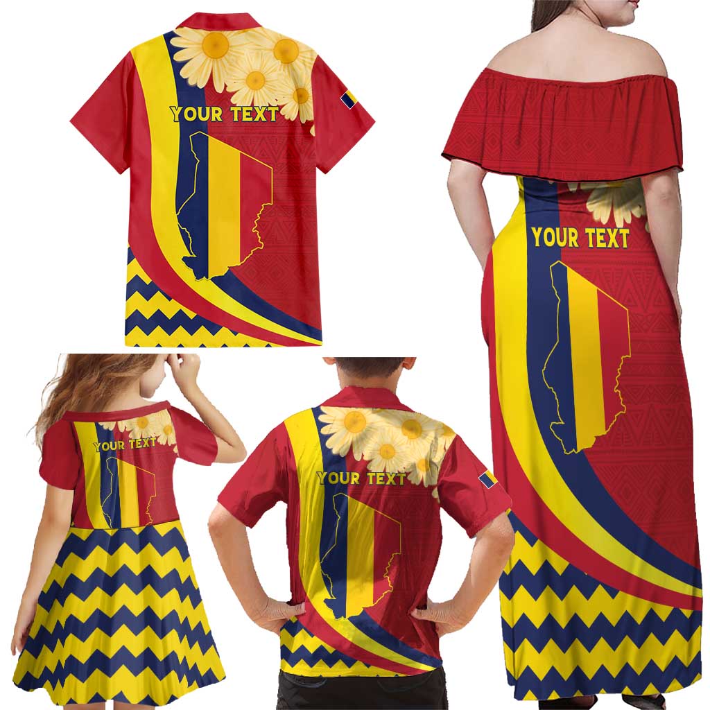 Personalised Chad Independence Day Family Matching Off Shoulder Maxi Dress and Hawaiian Shirt Coat Of Arms Gerbera Daisy