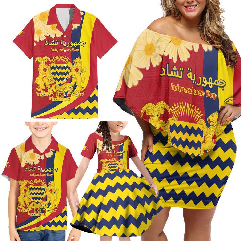 Personalised Chad Independence Day Family Matching Off Shoulder Short Dress and Hawaiian Shirt Coat Of Arms Gerbera Daisy