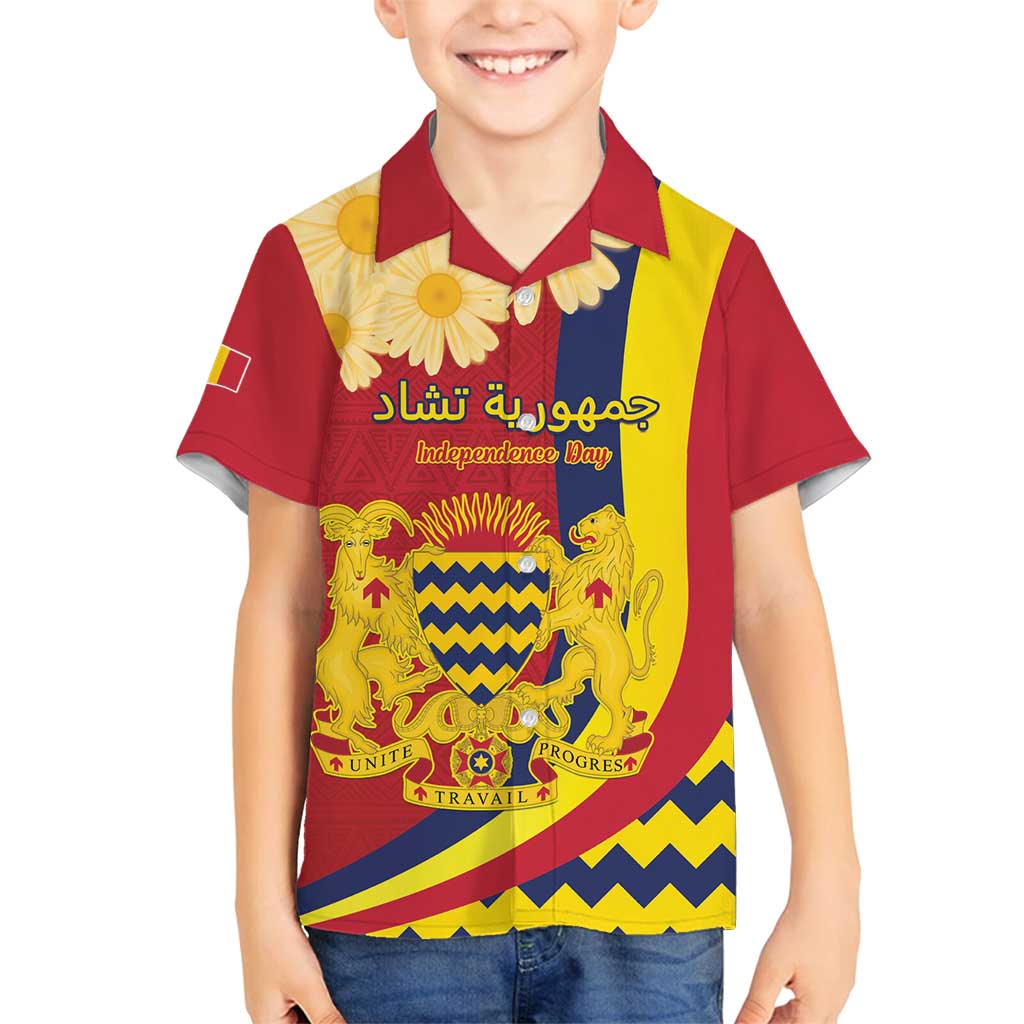 Personalised Chad Independence Day Family Matching Off Shoulder Short Dress and Hawaiian Shirt Coat Of Arms Gerbera Daisy