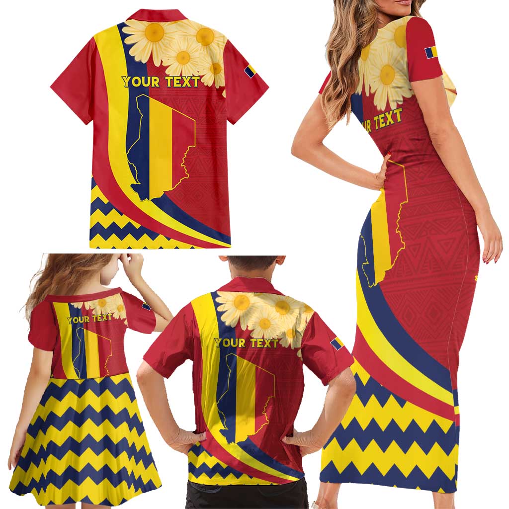 Personalised Chad Independence Day Family Matching Short Sleeve Bodycon Dress and Hawaiian Shirt Coat Of Arms Gerbera Daisy