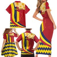 Personalised Chad Independence Day Family Matching Short Sleeve Bodycon Dress and Hawaiian Shirt Coat Of Arms Gerbera Daisy