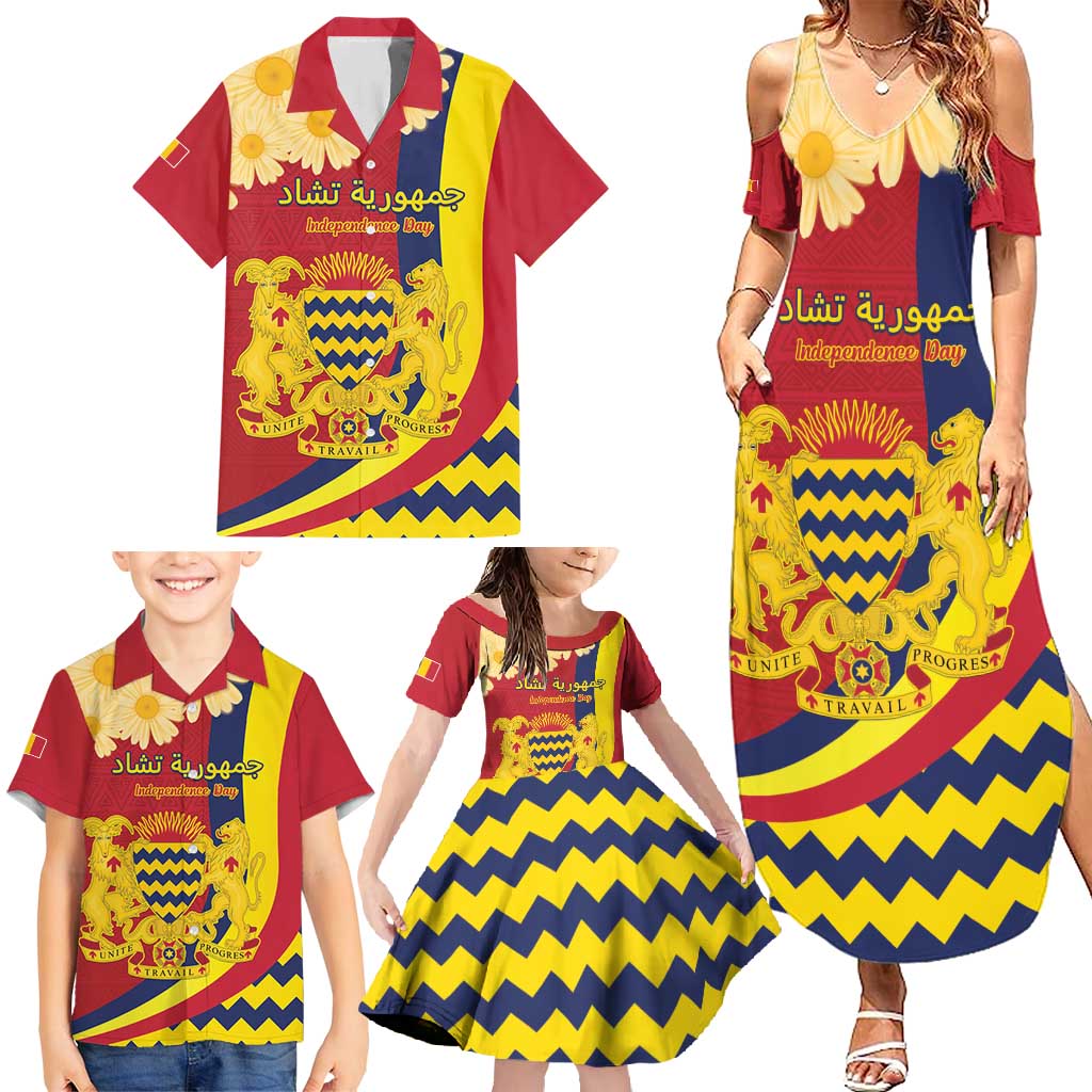 Personalised Chad Independence Day Family Matching Summer Maxi Dress and Hawaiian Shirt Coat Of Arms Gerbera Daisy