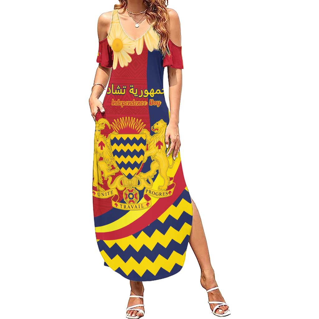 Personalised Chad Independence Day Family Matching Summer Maxi Dress and Hawaiian Shirt Coat Of Arms Gerbera Daisy