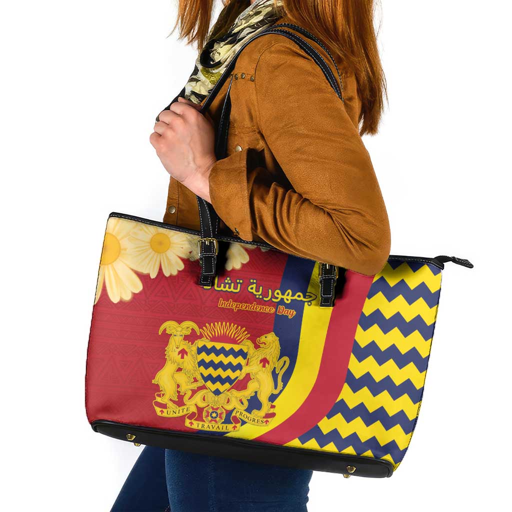 Chad Independence Day Leather Tote Bag Coat Of Arms Gerbera Daisy