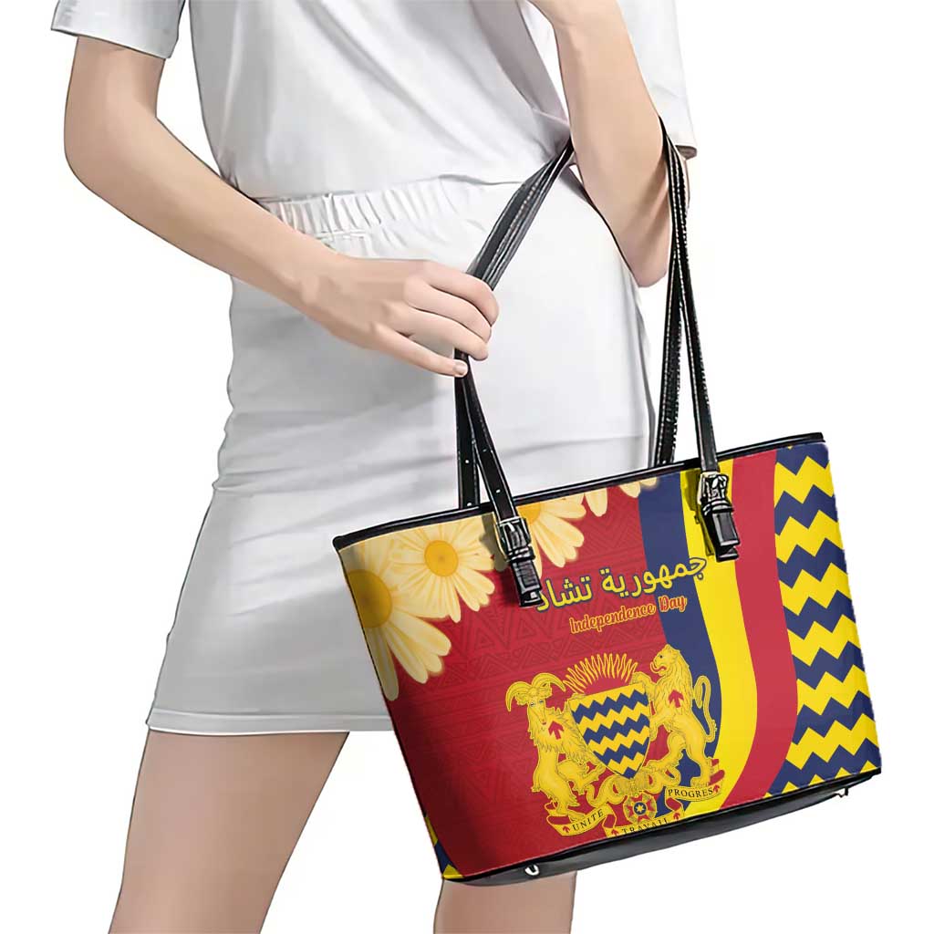 Chad Independence Day Leather Tote Bag Coat Of Arms Gerbera Daisy
