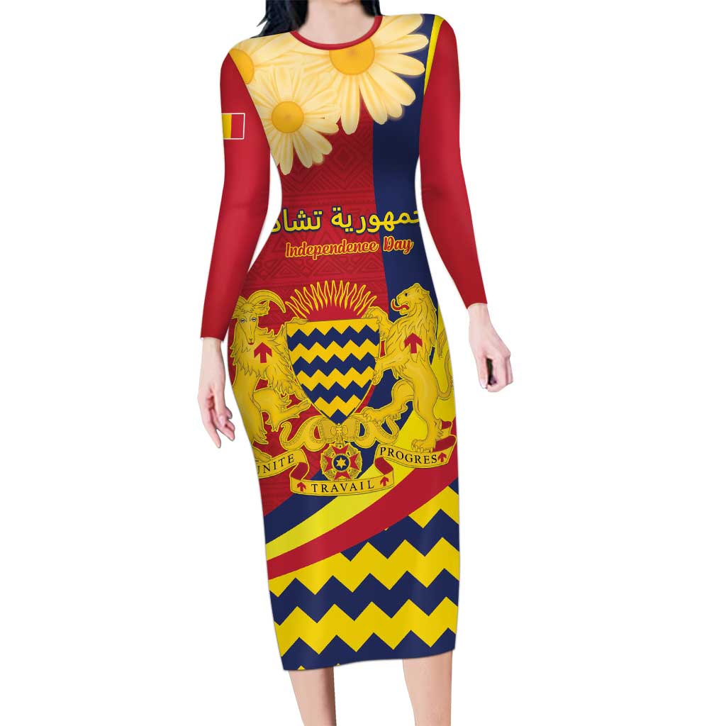 Personalised Chad Independence Day Long Sleeve Bodycon Dress Coat Of Arms Gerbera Daisy