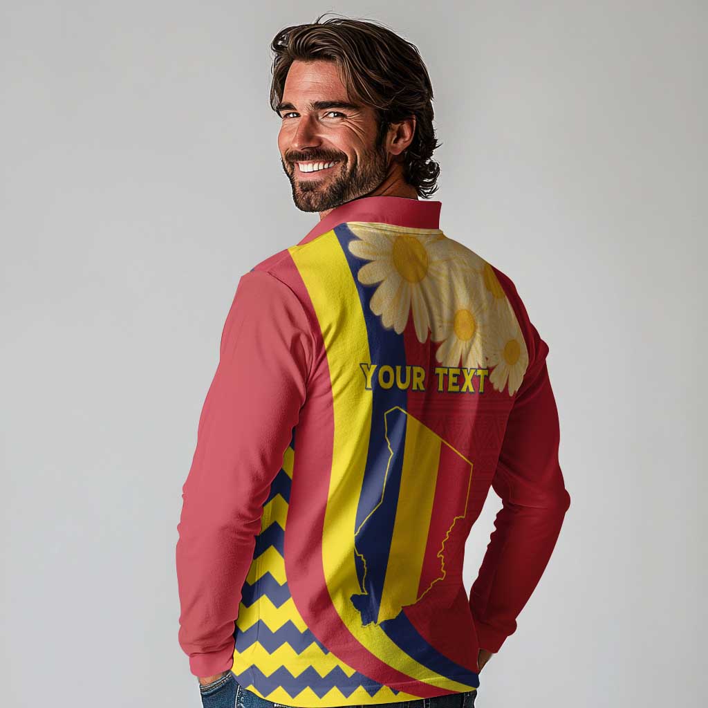 Personalised Chad Independence Day Long Sleeve Polo Shirt Coat Of Arms Gerbera Daisy