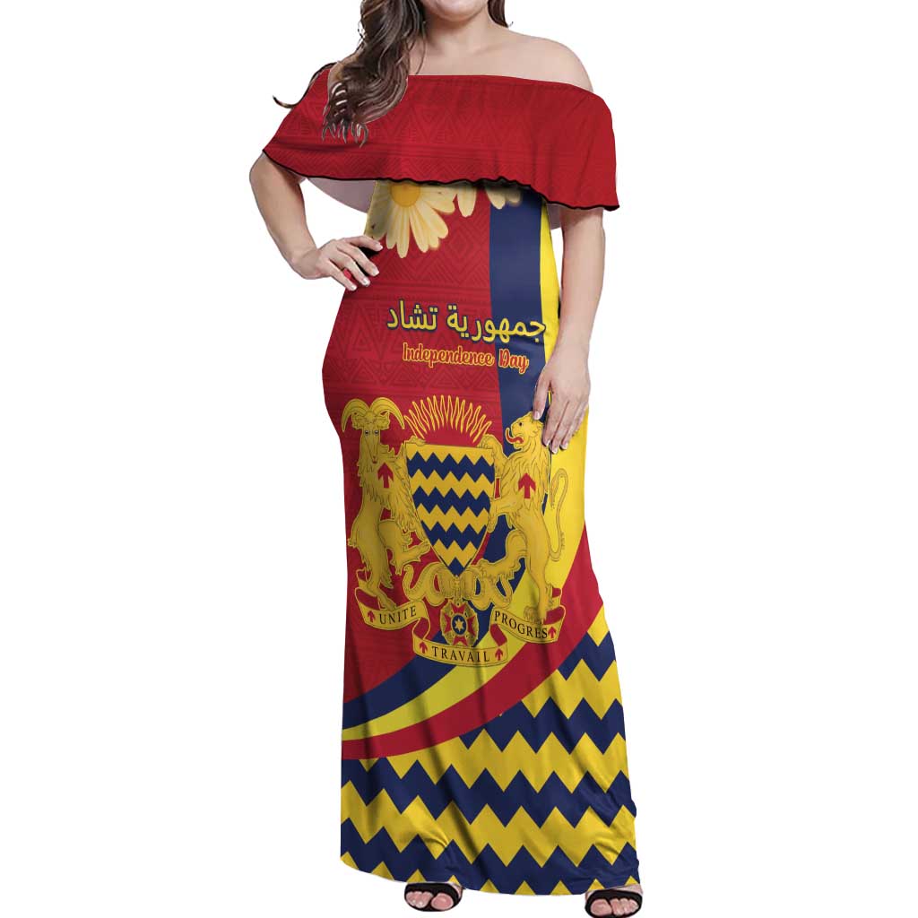 Personalised Chad Independence Day Off Shoulder Maxi Dress Coat Of Arms Gerbera Daisy