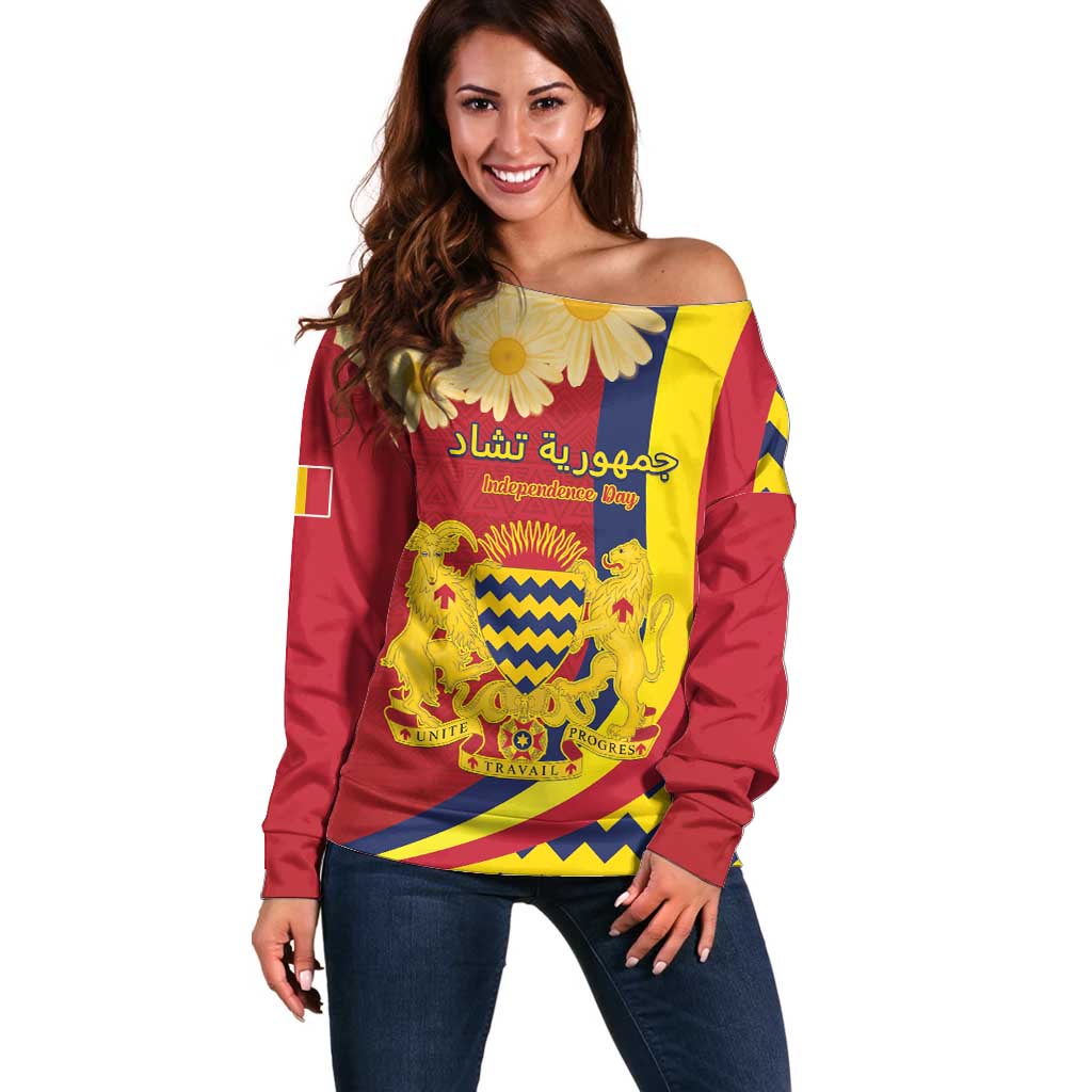 Personalised Chad Independence Day Off Shoulder Sweater Coat Of Arms Gerbera Daisy