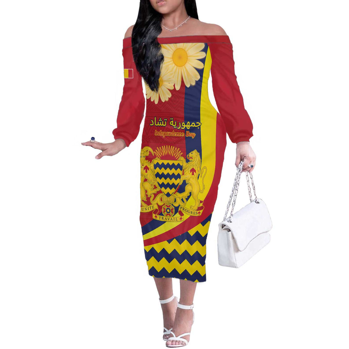 Personalised Chad Independence Day Off The Shoulder Long Sleeve Dress Coat Of Arms Gerbera Daisy