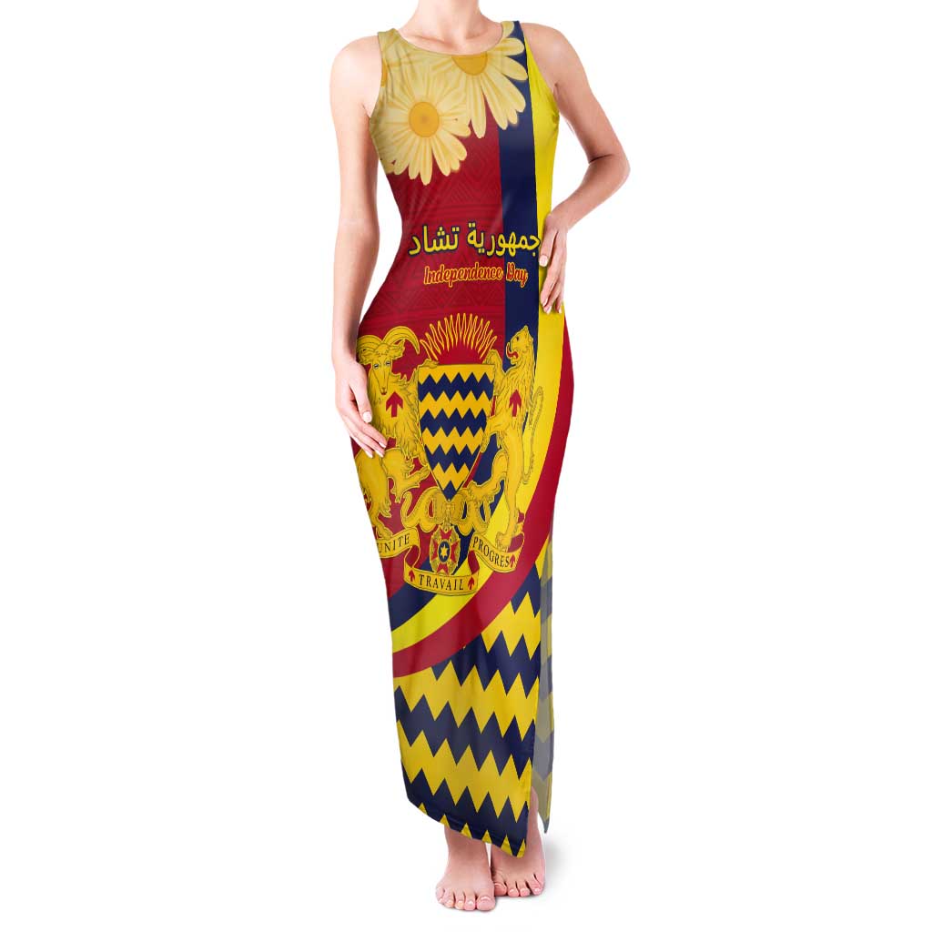 Personalised Chad Independence Day Tank Maxi Dress Coat Of Arms Gerbera Daisy