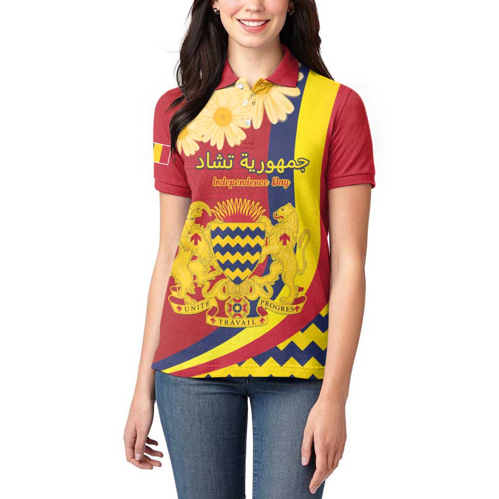 Personalised Chad Independence Day Women Polo Shirt Coat Of Arms Gerbera Daisy