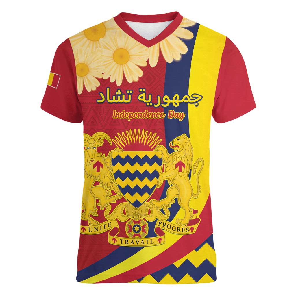 Personalised Chad Independence Day Women V-Neck T-Shirt Coat Of Arms Gerbera Daisy