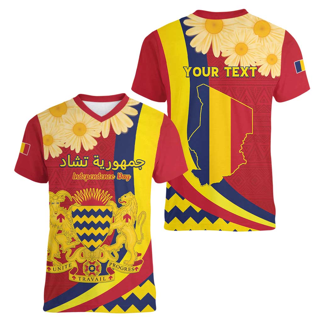 Personalised Chad Independence Day Women V-Neck T-Shirt Coat Of Arms Gerbera Daisy