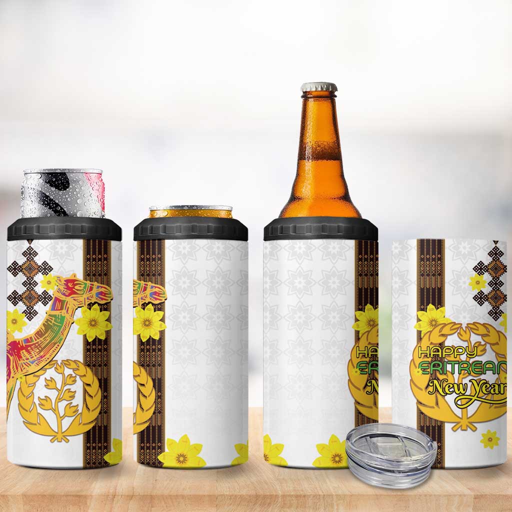 Happy Eritrea New Year 4 in 1 Can Cooler Tumbler Adey Abeba Flower With Habesha Tilet Pattern - Wonder Print Shop