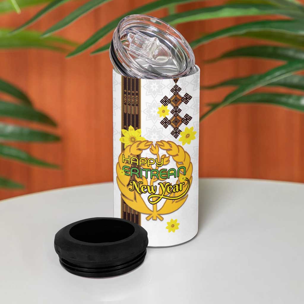 Happy Eritrea New Year 4 in 1 Can Cooler Tumbler Adey Abeba Flower With Habesha Tilet Pattern - Wonder Print Shop