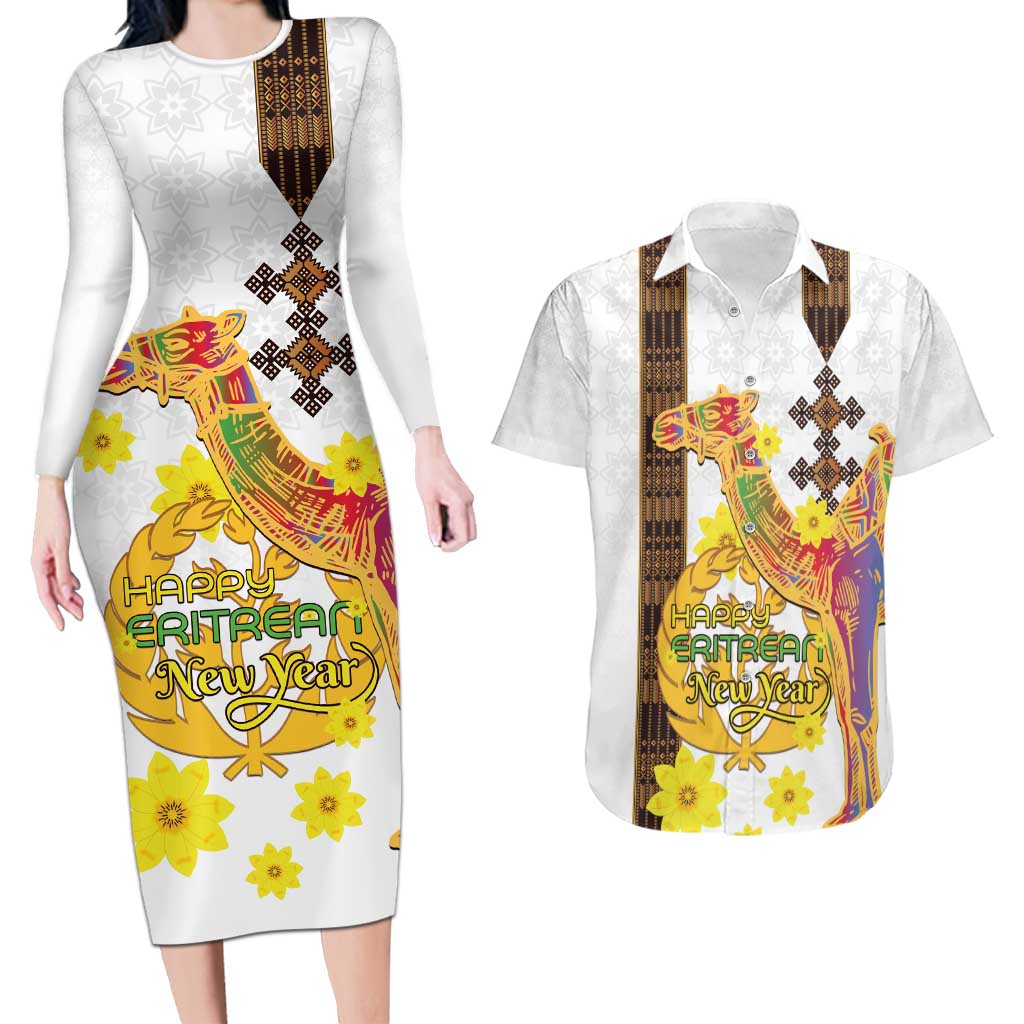 Happy Eritrea New Year Couples Matching Long Sleeve Bodycon Dress and Hawaiian Shirt Adey Abeba Flower With Habesha Tilet Pattern - Wonder Print Shop