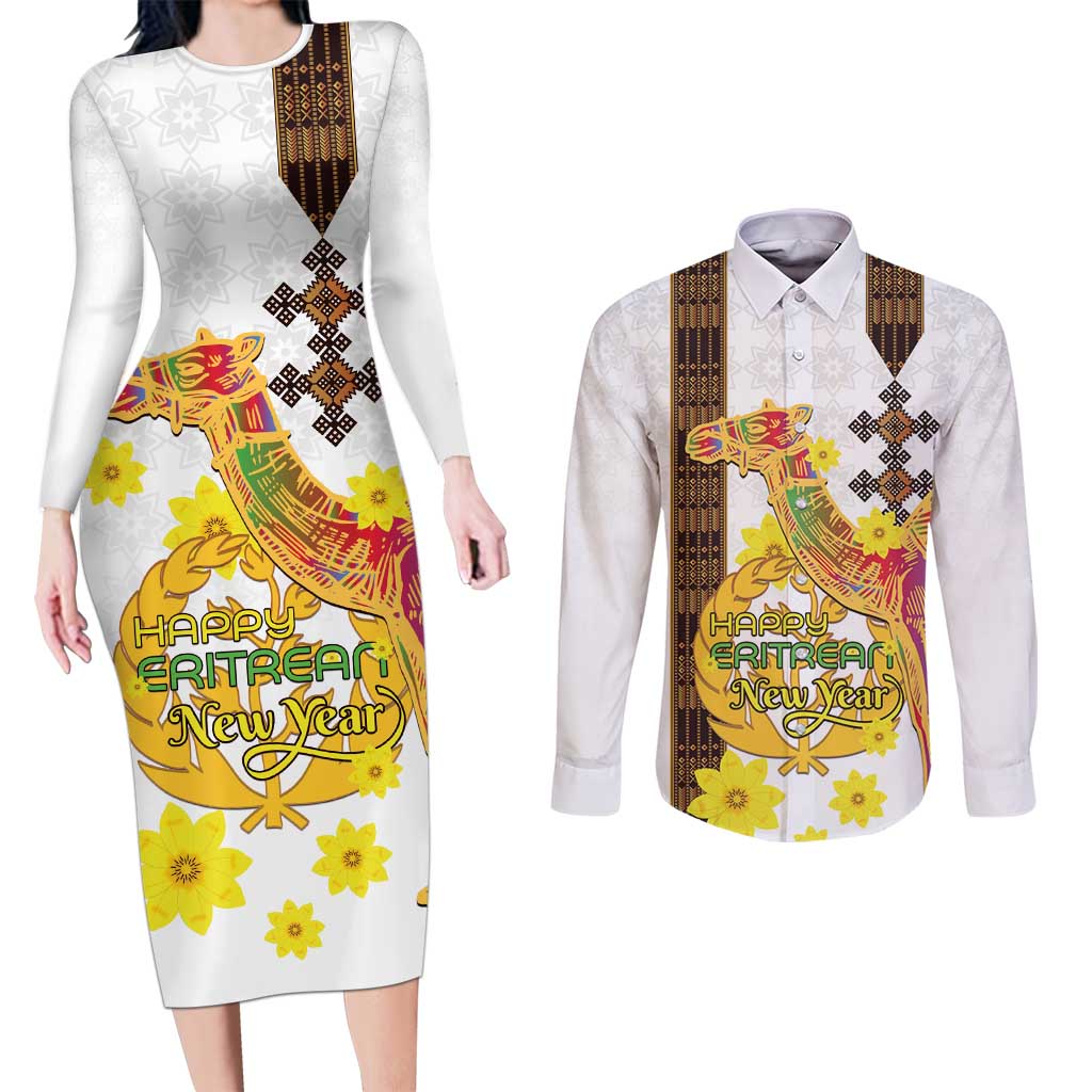 Happy Eritrea New Year Couples Matching Long Sleeve Bodycon Dress and Long Sleeve Button Shirt Adey Abeba Flower With Habesha Tilet Pattern - Wonder Print Shop