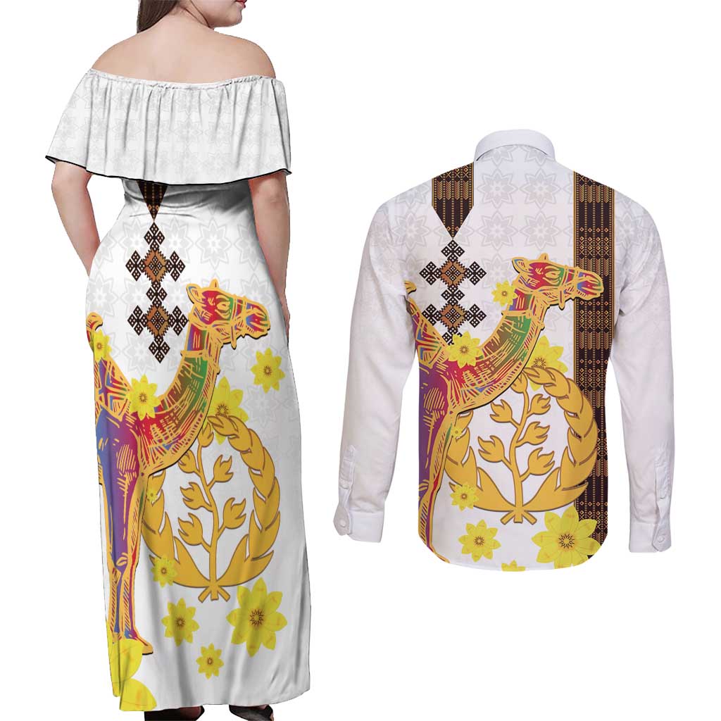 Happy Eritrea New Year Couples Matching Off Shoulder Maxi Dress and Long Sleeve Button Shirt Adey Abeba Flower With Habesha Tilet Pattern - Wonder Print Shop