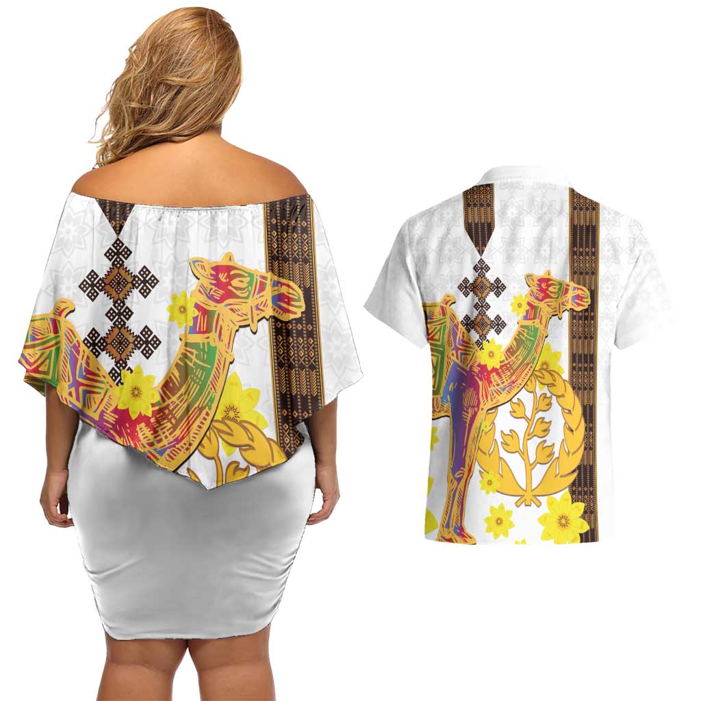 Happy Eritrea New Year Couples Matching Off Shoulder Short Dress and Hawaiian Shirt Adey Abeba Flower With Habesha Tilet Pattern - Wonder Print Shop