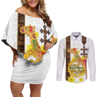 Happy Eritrea New Year Couples Matching Off Shoulder Short Dress and Long Sleeve Button Shirt Adey Abeba Flower With Habesha Tilet Pattern - Wonder Print Shop