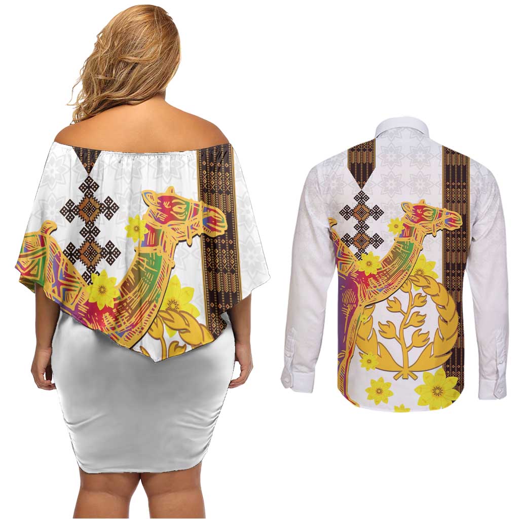 Happy Eritrea New Year Couples Matching Off Shoulder Short Dress and Long Sleeve Button Shirt Adey Abeba Flower With Habesha Tilet Pattern - Wonder Print Shop