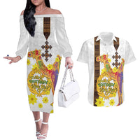 Happy Eritrea New Year Couples Matching Off The Shoulder Long Sleeve Dress and Hawaiian Shirt Adey Abeba Flower With Habesha Tilet Pattern - Wonder Print Shop