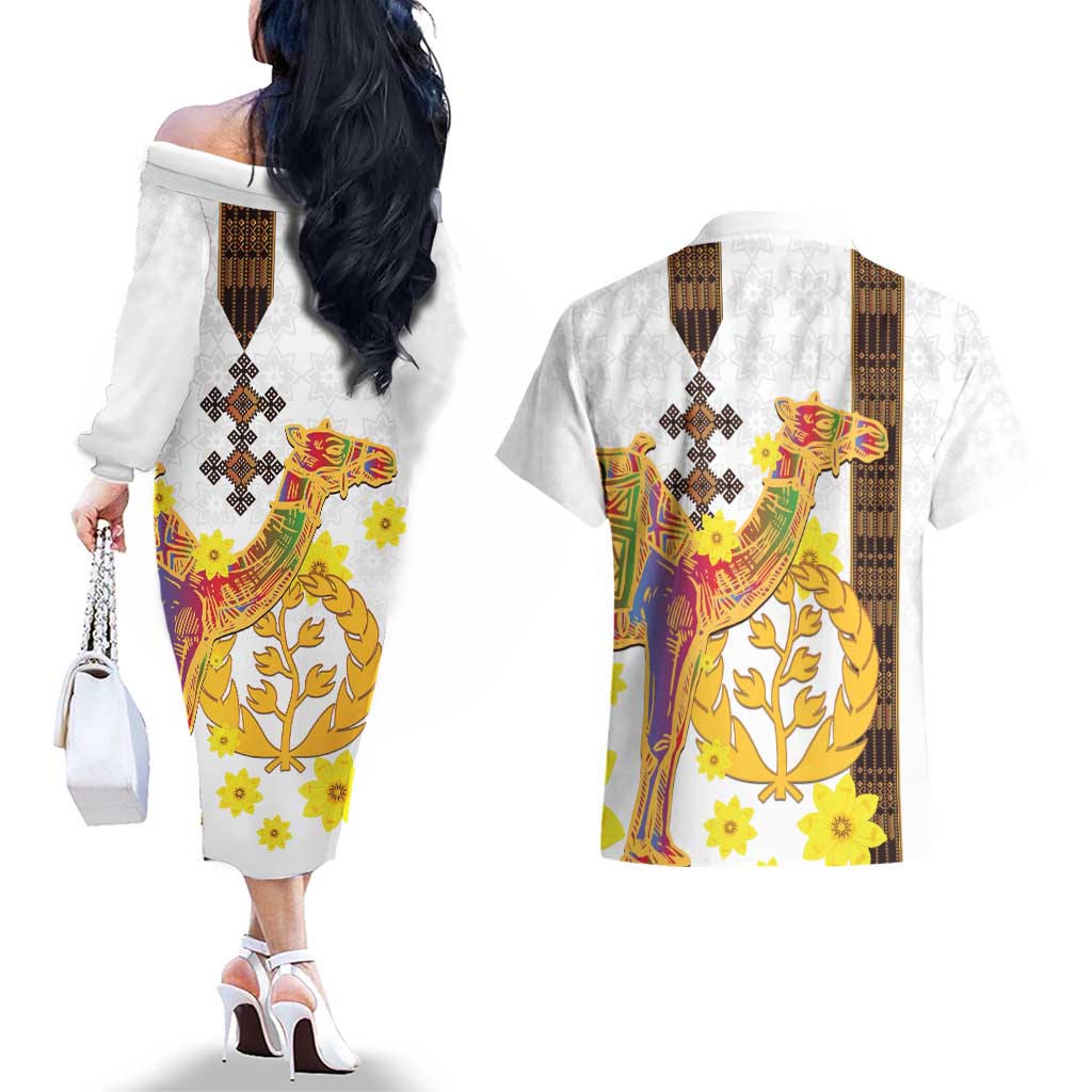 Happy Eritrea New Year Couples Matching Off The Shoulder Long Sleeve Dress and Hawaiian Shirt Adey Abeba Flower With Habesha Tilet Pattern - Wonder Print Shop