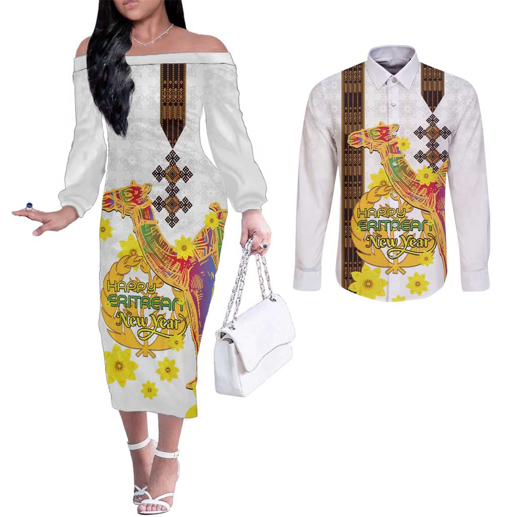 Happy Eritrea New Year Couples Matching Off The Shoulder Long Sleeve Dress and Long Sleeve Button Shirt Adey Abeba Flower With Habesha Tilet Pattern - Wonder Print Shop
