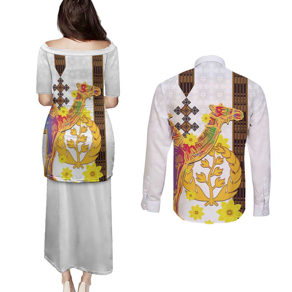 Happy Eritrea New Year Couples Matching Puletasi and Long Sleeve Button Shirt Adey Abeba Flower With Habesha Tilet Pattern - Wonder Print Shop