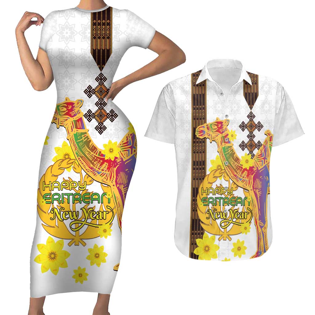 Happy Eritrea New Year Couples Matching Short Sleeve Bodycon Dress and Hawaiian Shirt Adey Abeba Flower With Habesha Tilet Pattern - Wonder Print Shop
