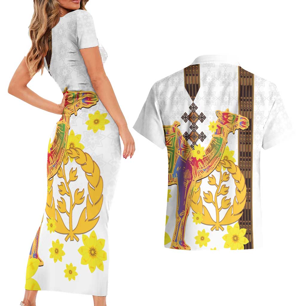 Happy Eritrea New Year Couples Matching Short Sleeve Bodycon Dress and Hawaiian Shirt Adey Abeba Flower With Habesha Tilet Pattern - Wonder Print Shop