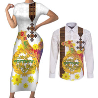 Happy Eritrea New Year Couples Matching Short Sleeve Bodycon Dress and Long Sleeve Button Shirt Adey Abeba Flower With Habesha Tilet Pattern - Wonder Print Shop