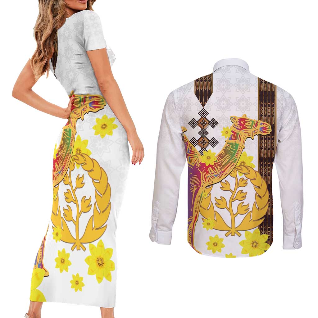Happy Eritrea New Year Couples Matching Short Sleeve Bodycon Dress and Long Sleeve Button Shirt Adey Abeba Flower With Habesha Tilet Pattern - Wonder Print Shop