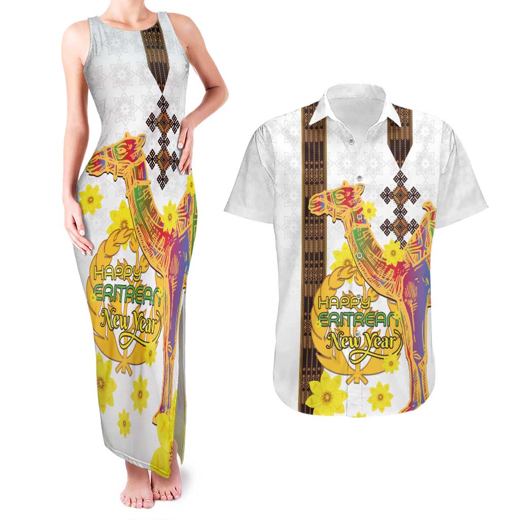 Happy Eritrea New Year Couples Matching Tank Maxi Dress and Hawaiian Shirt Adey Abeba Flower With Habesha Tilet Pattern - Wonder Print Shop