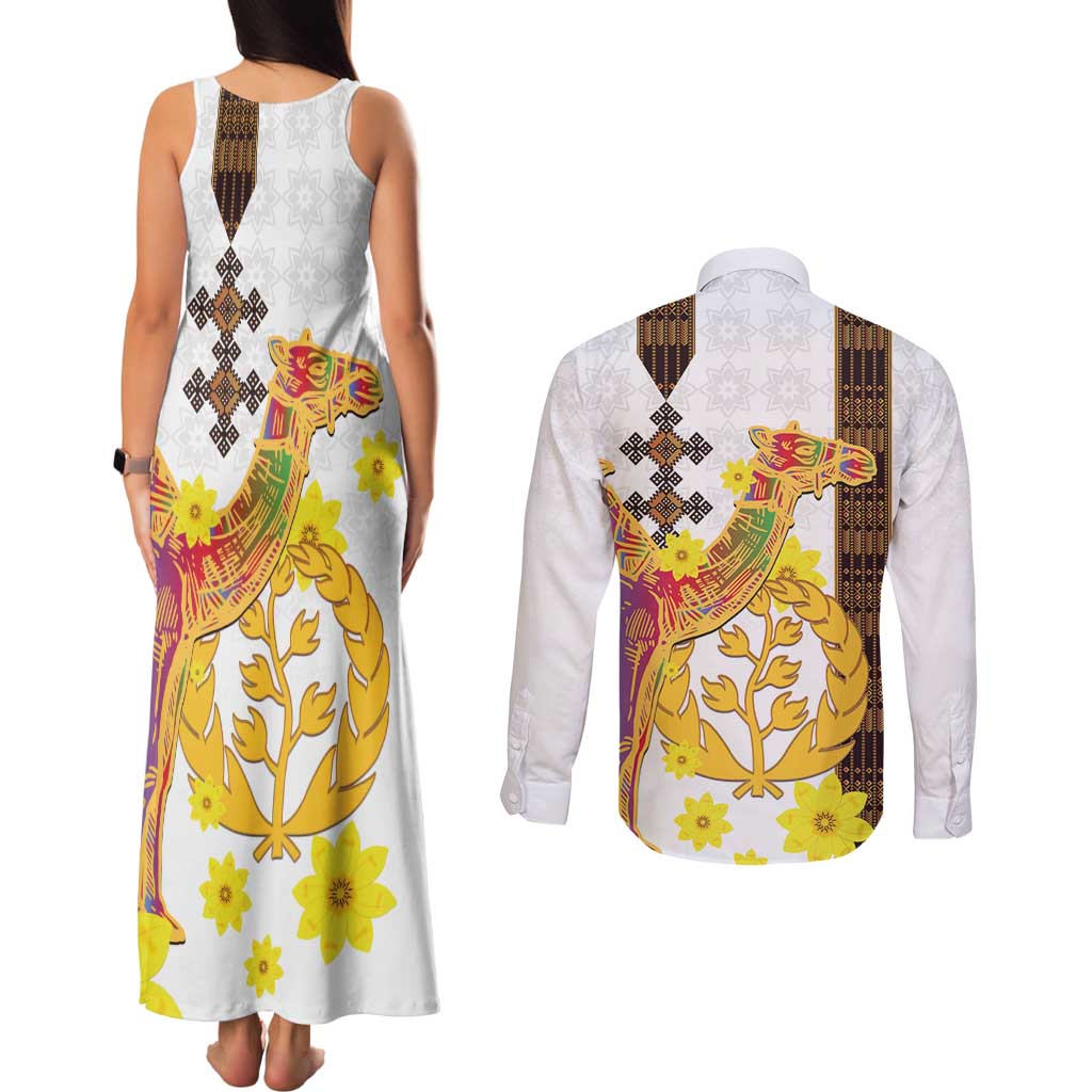 Happy Eritrea New Year Couples Matching Tank Maxi Dress and Long Sleeve Button Shirt Adey Abeba Flower With Habesha Tilet Pattern - Wonder Print Shop