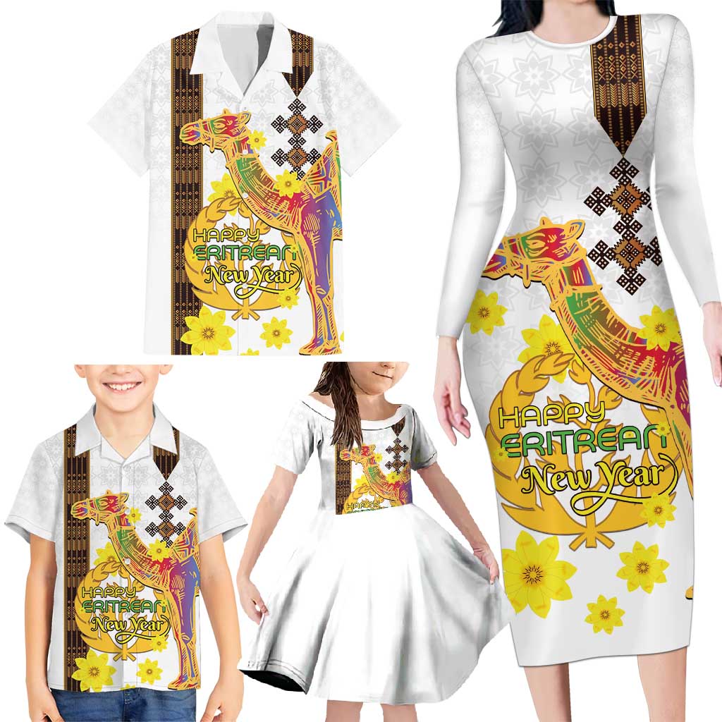 Happy Eritrea New Year Family Matching Long Sleeve Bodycon Dress and Hawaiian Shirt Adey Abeba Flower With Habesha Tilet Pattern - Wonder Print Shop