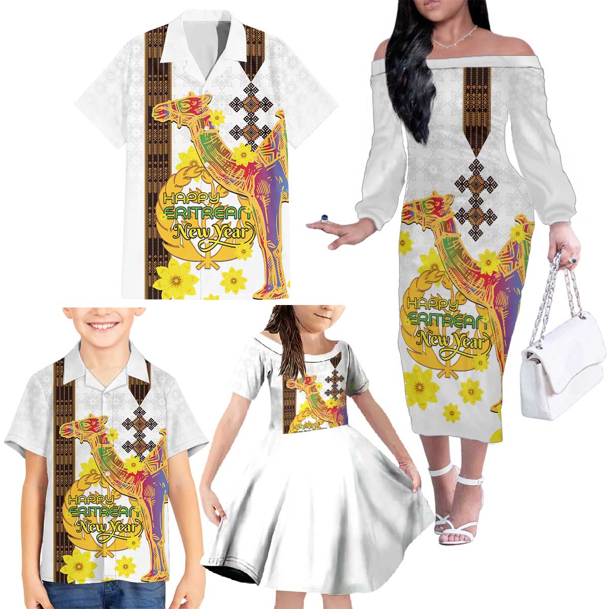 Happy Eritrea New Year Family Matching Off The Shoulder Long Sleeve Dress and Hawaiian Shirt Adey Abeba Flower With Habesha Tilet Pattern - Wonder Print Shop