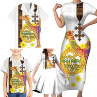 Happy Eritrea New Year Family Matching Short Sleeve Bodycon Dress and Hawaiian Shirt Adey Abeba Flower With Habesha Tilet Pattern - Wonder Print Shop