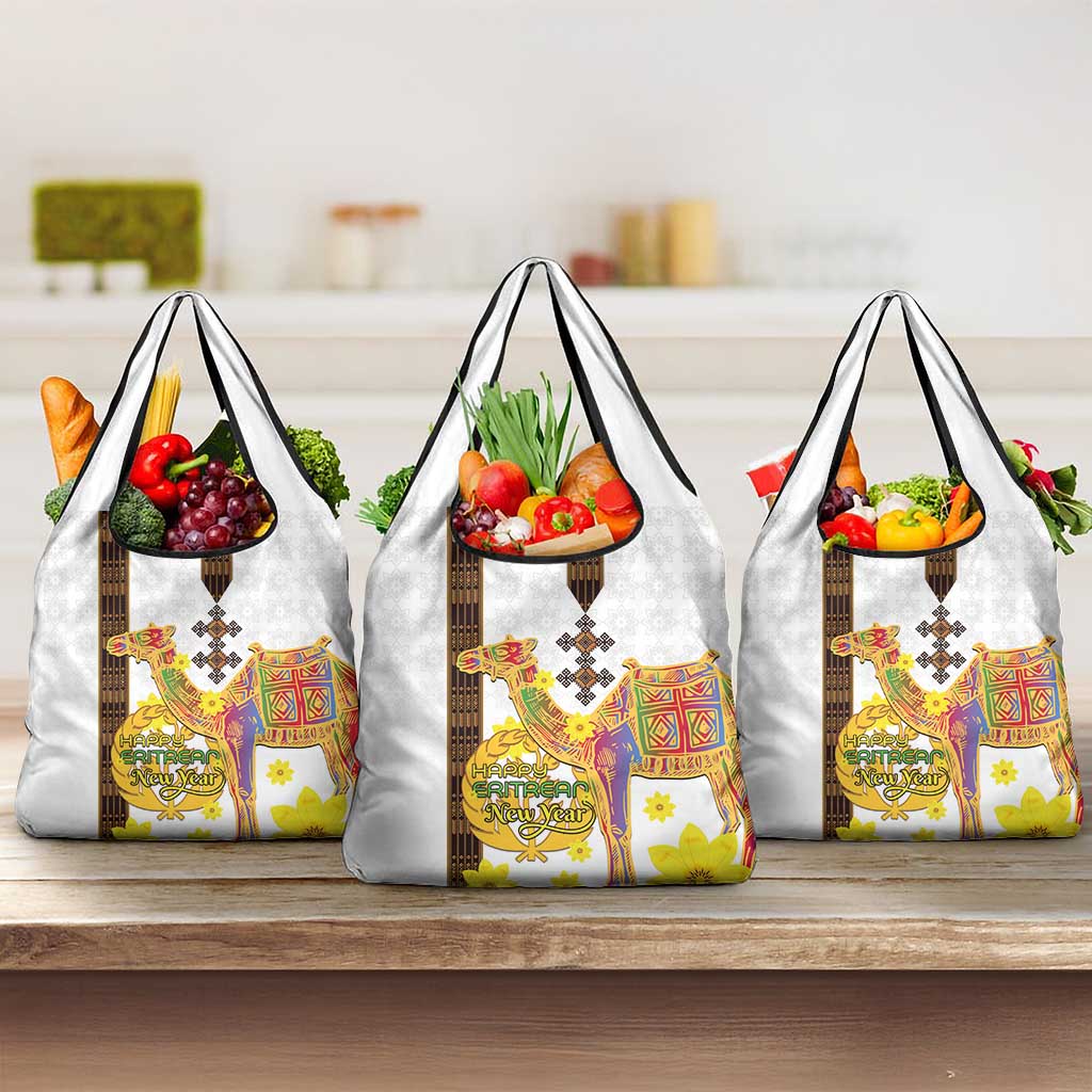 Happy Eritrea New Year Grocery Bag Adey Abeba Flower With Habesha Tilet Pattern - Wonder Print Shop