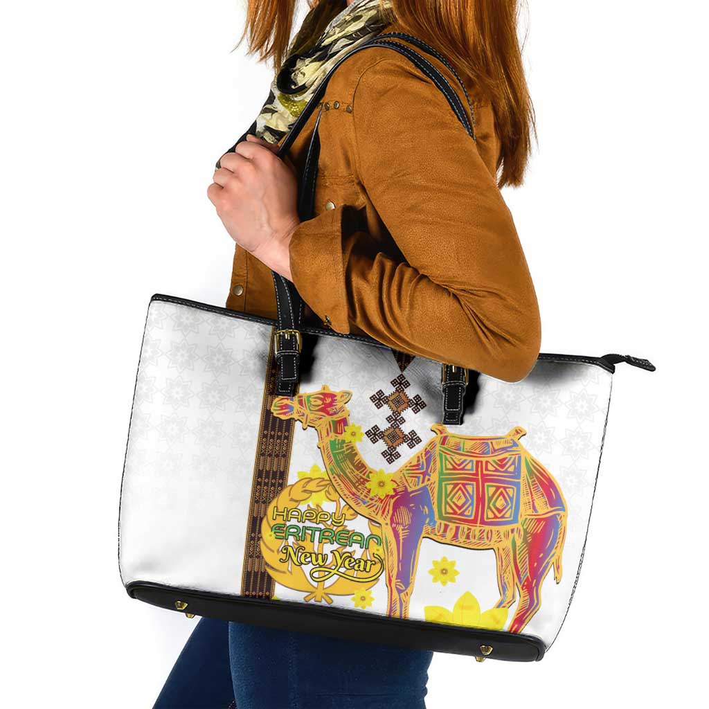 Happy Eritrea New Year Leather Tote Bag Adey Abeba Flower With Habesha Tilet Pattern - Wonder Print Shop