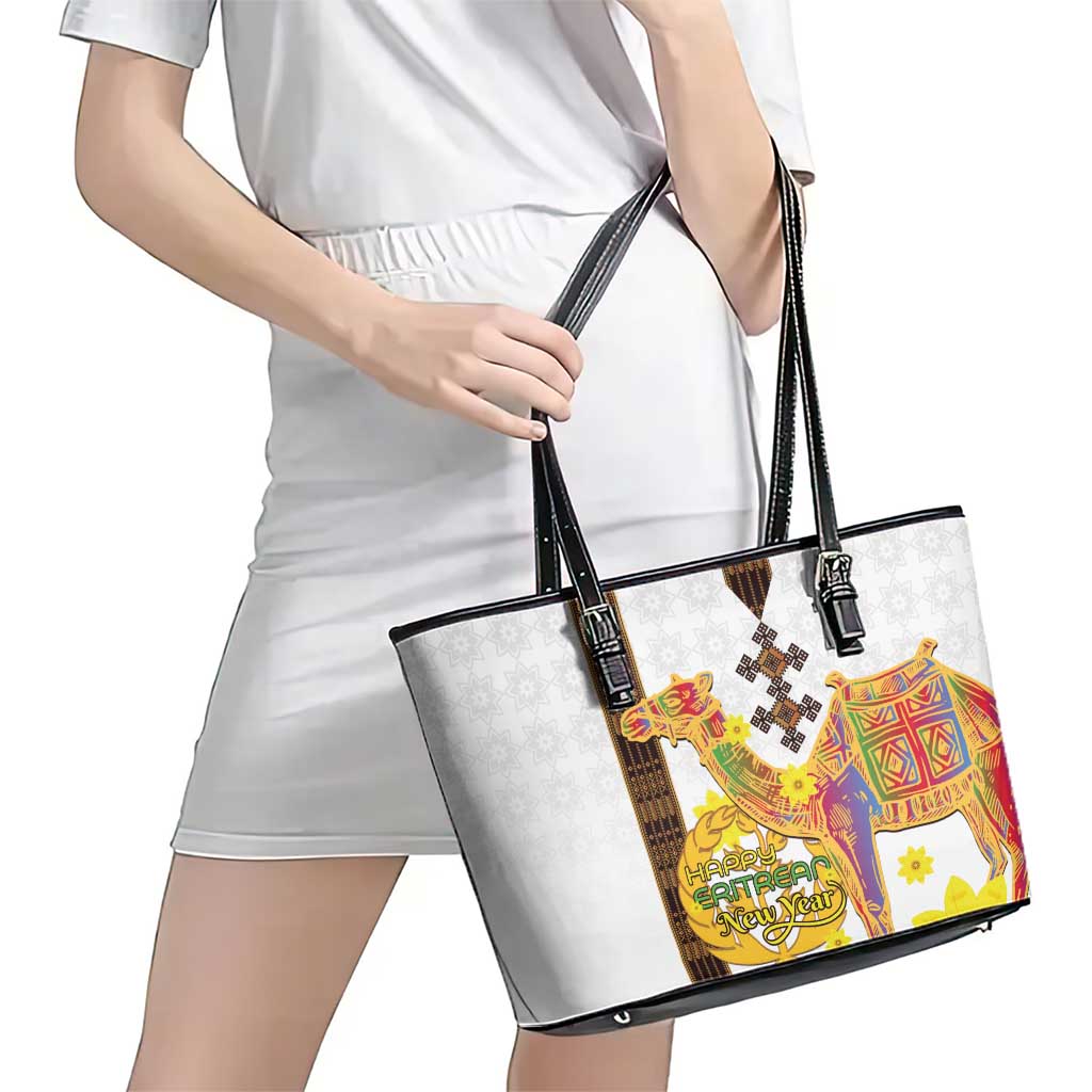 Happy Eritrea New Year Leather Tote Bag Adey Abeba Flower With Habesha Tilet Pattern - Wonder Print Shop