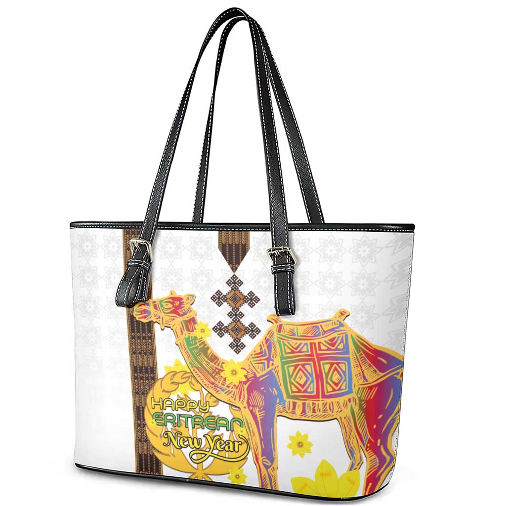 Happy Eritrea New Year Leather Tote Bag Adey Abeba Flower With Habesha Tilet Pattern - Wonder Print Shop