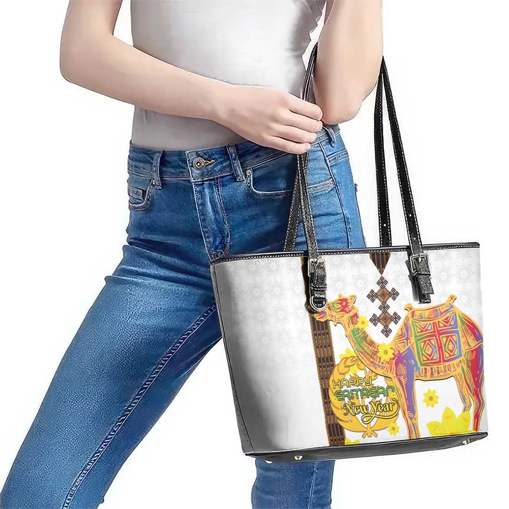 Happy Eritrea New Year Leather Tote Bag Adey Abeba Flower With Habesha Tilet Pattern - Wonder Print Shop
