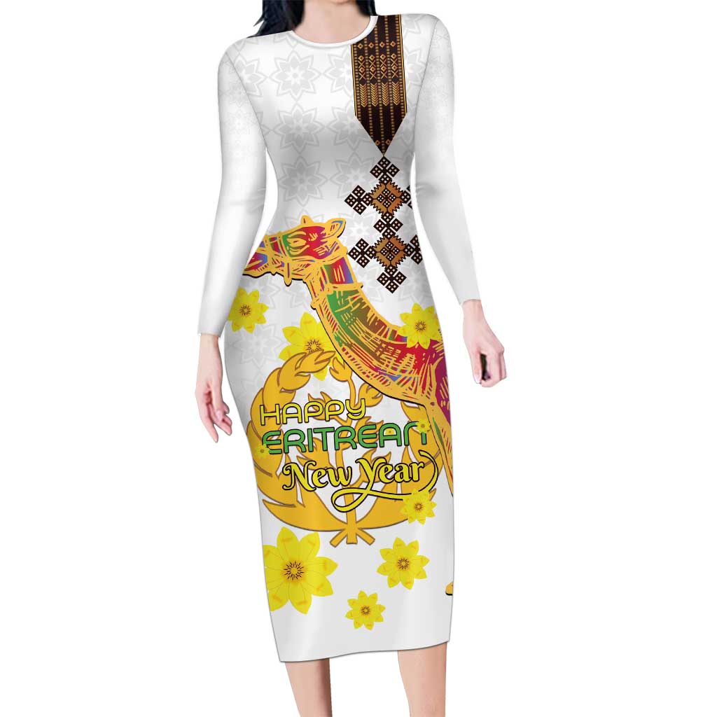 Happy Eritrea New Year Long Sleeve Bodycon Dress Adey Abeba Flower With Habesha Tilet Pattern - Wonder Print Shop