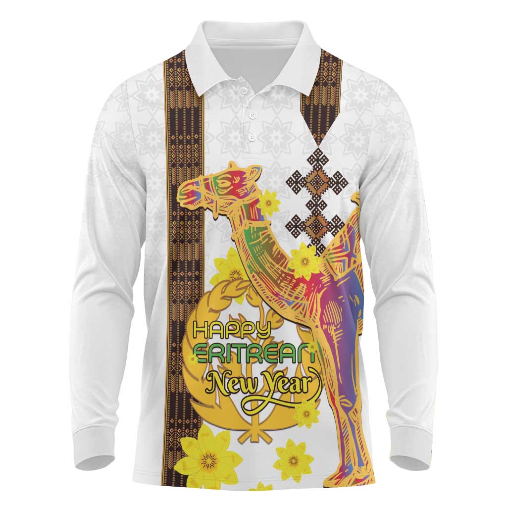 Happy Eritrea New Year Long Sleeve Polo Shirt Adey Abeba Flower With Habesha Tilet Pattern - Wonder Print Shop