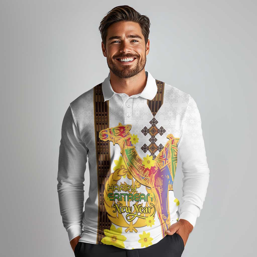 Happy Eritrea New Year Long Sleeve Polo Shirt Adey Abeba Flower With Habesha Tilet Pattern - Wonder Print Shop