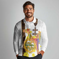 Happy Eritrea New Year Long Sleeve Polo Shirt Adey Abeba Flower With Habesha Tilet Pattern - Wonder Print Shop