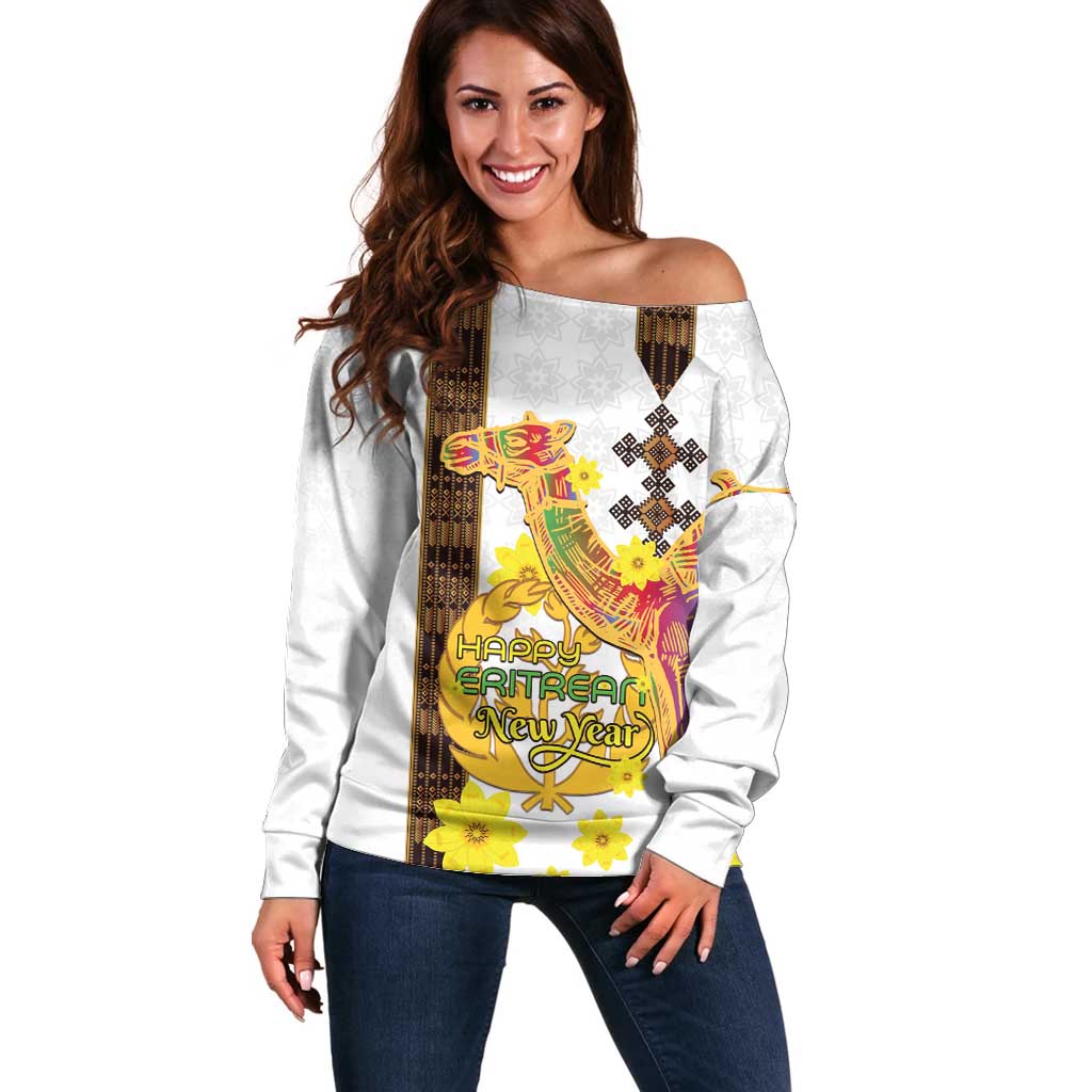 Happy Eritrea New Year Off Shoulder Sweater Adey Abeba Flower With Habesha Tilet Pattern - Wonder Print Shop