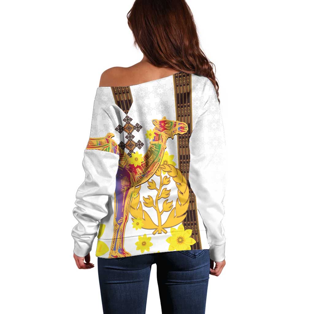 Happy Eritrea New Year Off Shoulder Sweater Adey Abeba Flower With Habesha Tilet Pattern - Wonder Print Shop